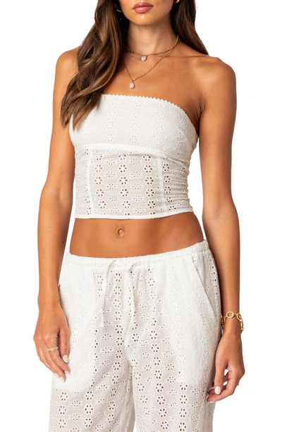 Shop Edikted Lemon Eyelet Lace-up Corset Crop Tube Top In White