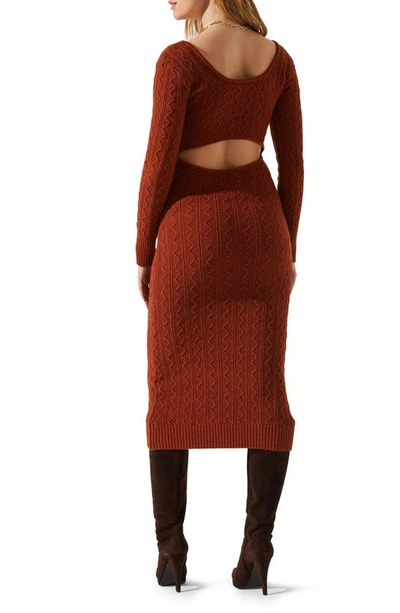 Astr Regina Cutout Long Sleeve Midi Sweater Dress In Rust