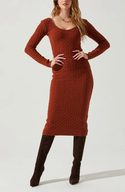 Astr Regina Cutout Long Sleeve Midi Sweater Dress In Rust