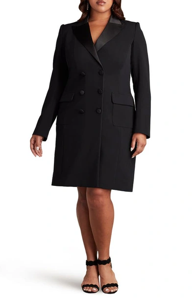 Tadashi Shoji Plus Size Double-breasted Crepe Midi Coat Dress In Black