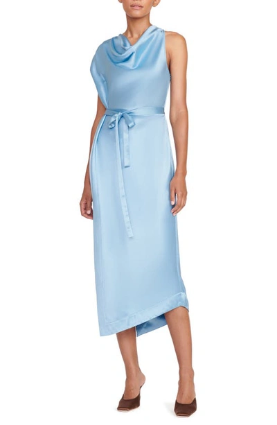 Shop Staud Troupe Satin Asymmetric Midi Dress In French Blue