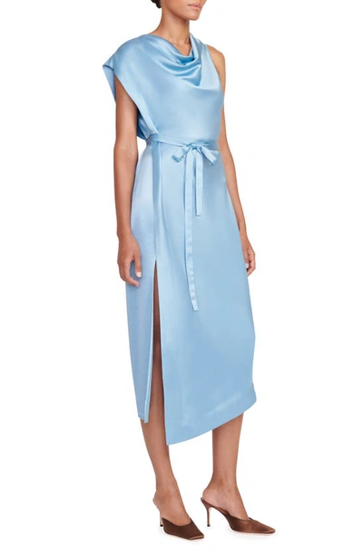 Shop Staud Troupe Satin Asymmetric Midi Dress In French Blue