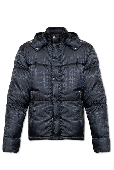 Shop Balmain Monogrammed Jacquard Puffer Jacket In Black