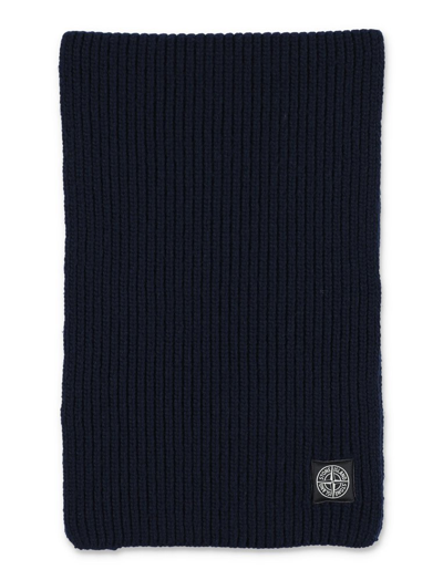 Shop Stone Island Logo Patch Knitted Scarf In Navy