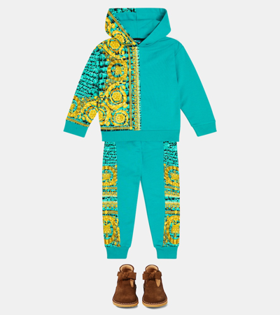 Versace Baroccodile Cotton Jersey Hoodie In Blue