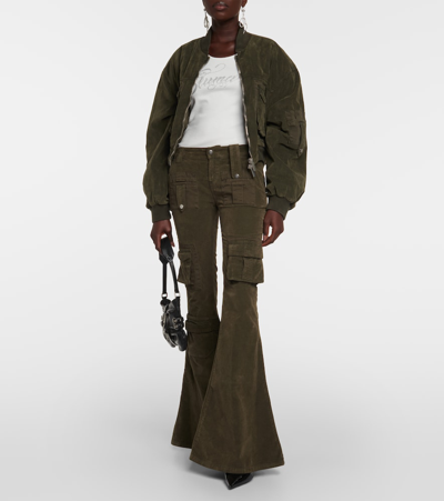 Blumarine Low-rise Velvet Flared Cargo Pants In Green