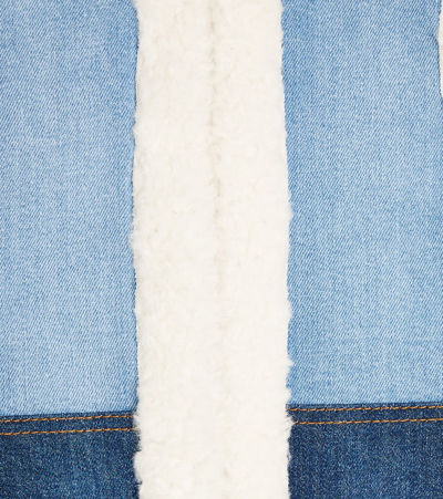 Chloé Chloe Girls Denim Blue Kids Patchwork Faux-fur Trim Stretch-cotton Blend Denim Gilet 4-12 Years In Blue