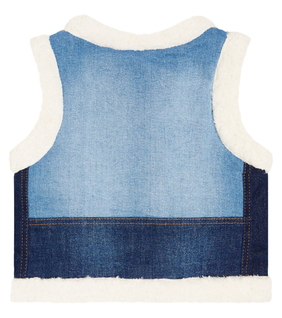 Chloé Chloe Girls Denim Blue Kids Patchwork Faux-fur Trim Stretch-cotton Blend Denim Gilet 4-12 Years In Blue