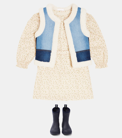 Chloé Chloe Girls Denim Blue Kids Patchwork Faux-fur Trim Stretch-cotton Blend Denim Gilet 4-12 Years In Blue