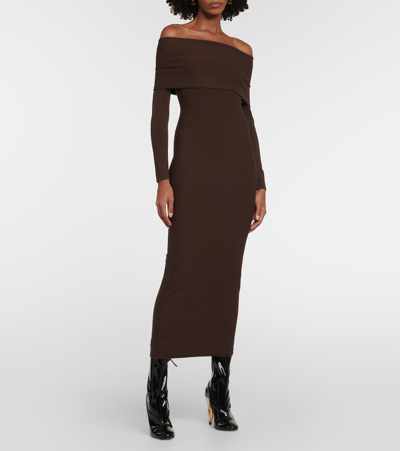 Shop Alaïa Off-shoulder Jersey Midi Dress In Brown