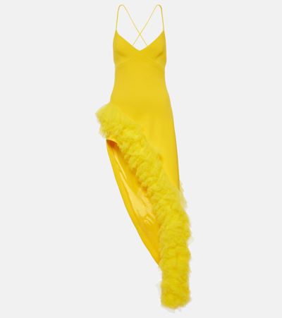 Shop David Koma Ruffled Wool Crepe Midi Dress In Yellow