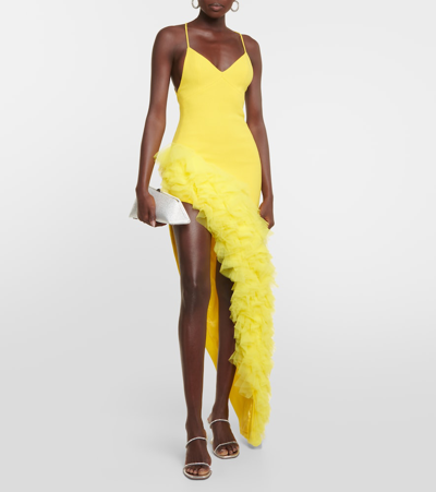 Shop David Koma Ruffled Wool Crepe Midi Dress In Yellow