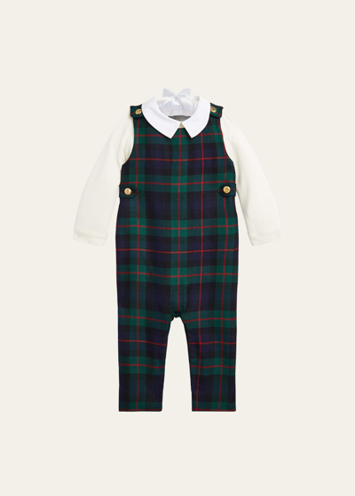 Shop Ralph Lauren Boy's Plaid-print Wool Overall W/ Bodysuit In Navyredgreen Mult