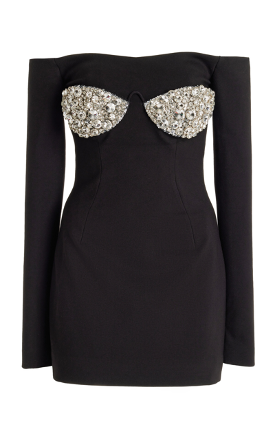 Area Embellished Stretch Tech Mini Dress In Black