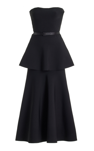 Shop Adam Lippes Basque Belted Strapless Compact-knit Midi Dress In Black