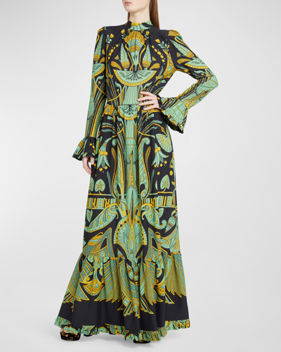 Shop La Doublej Visconti Printed Flounce Maxi Dress In Medium Green