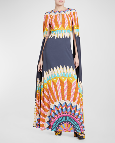 Shop La Doublej Hathor Placee Printed Gown With Cape Sleeves In Navy