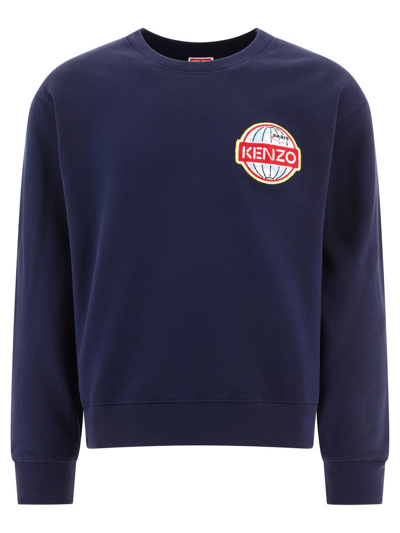 Shop Kenzo Travel Logo Patch Crewneck Sweatshirt In Blue