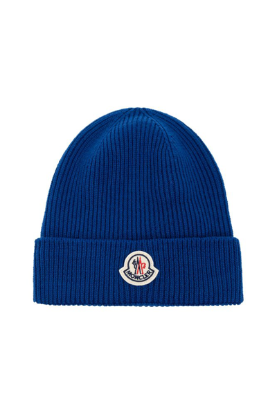 Shop Moncler Logo Patch Knitted Beanie In Blue