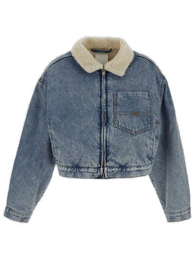 Shop Givenchy Shearling Collar Cropped Denim Jacket In Blue