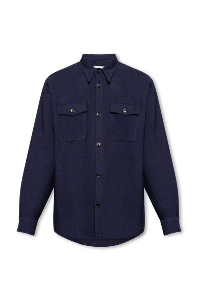 Shop Ami Alexandre Mattiussi Ami Paris Long Sleeved Buttoned Shirt In Navy