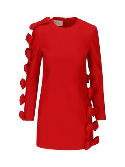Shop Valentino Bow Detailed Crewneck Mini Dress In Red