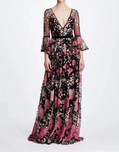 Marchesa Bell Sleeve V Neck Floral Gown In Black In Black