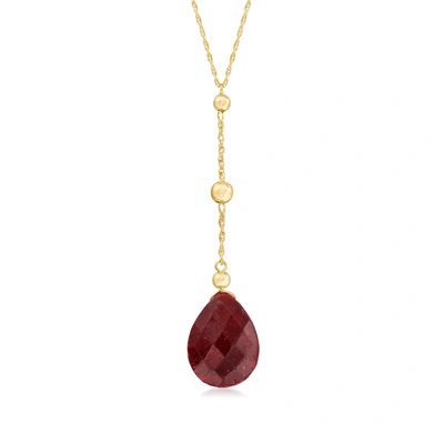 Shop Ross-simons Ruby And Bead Drop Necklace In 14kt Yellow Gold In Purple