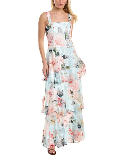 Shop Aidan Mattox Printed Embroidered Sleeveless Gown In Multi
