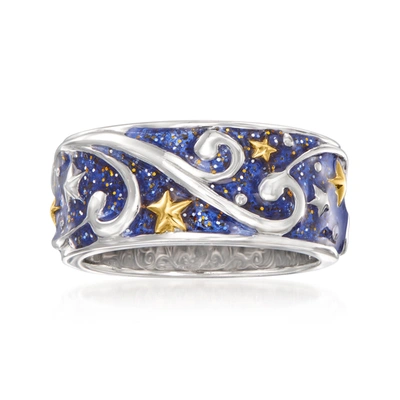Shop Ross-simons Glittery Blue Enamel Celestial Ring In 2-tone Sterling Silver