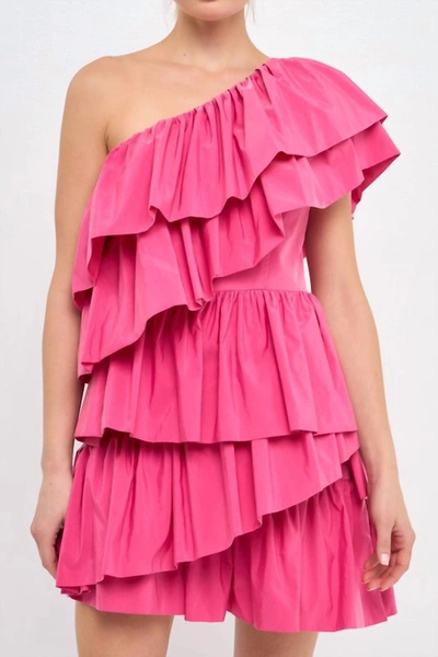 ENGLISH FACTORY RUFFLED SHOULDER MINI DRESS IN PINK 