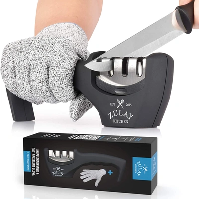Zulay Kitchen 3 Stage Knife Sharpener And 1 Piece Cut-resistant Glove In  Black