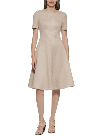 Shop Calvin Klein Womens Faux Suede Short Sleeves Fit & Flare Dress In Beige