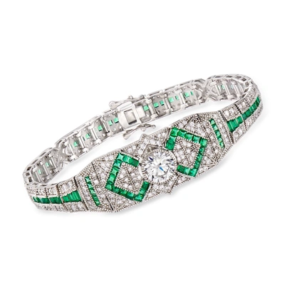 Shop Ross-simons Cz And Simulated Emerald Bracelet In Sterling Silver In Multi