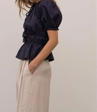 Shop Moon River Gathered Shirred Ruffle Top In Navy In Blue