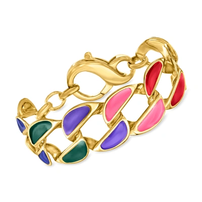 Shop Ross-simons Italian Multicolored Enamel Curb-link Bracelet In 18kt Gold Over Sterling In Purple
