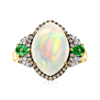 Shop Ross-simons Ethiopian Opal And Emerald Ring With . Brown And White Diamonds In 14kt Yellow Gold In Green