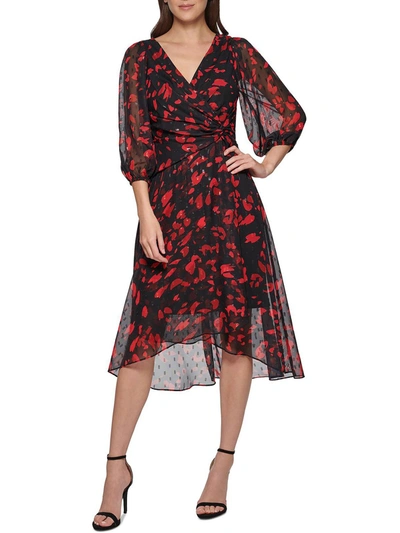 Shop Dkny Womens Printed Calf Midi Dress In Red