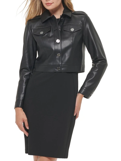 Shop Dkny Womens Collared Cropped Leather Jacket In Black