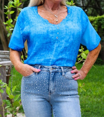 Look Mode Usa V- Neckline Linen Shirt In Royal Blue In Blue