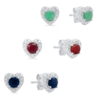 Max + Stone Sterling Silver 3 Pair Genuine 4mm Emerald, Ruby, Sapphire Heart Halo Stud Earrings In Silver