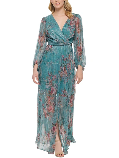 Shop Eliza J Womens Crinkled Floral Evening Dress In Blue