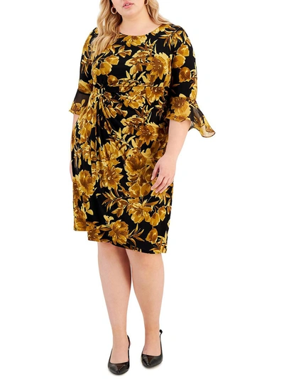 Shop Connected Apparel Plus Womens Knit Floral Fit & Flare Dress In Yellow