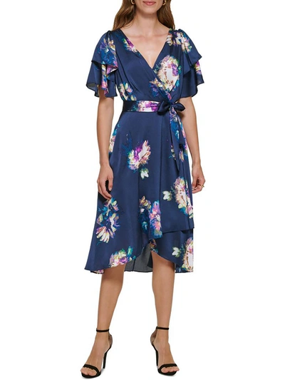 Shop Dkny Womens Floral Faux Wrap Midi Dress In Blue