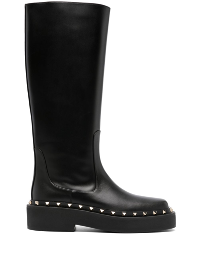 Shop Valentino Black Rockstud 30 Knee-high Leather Boots