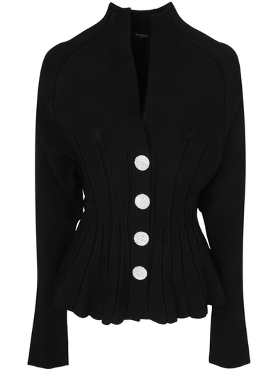 Shop Balmain Buttoned Ribbed Knit Basque Cardigan Clothing In Black