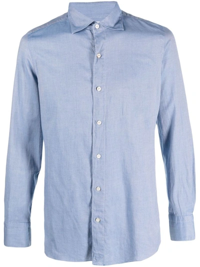 Shop Finamore Slim Fit Flannel Shirt In Clear Blue