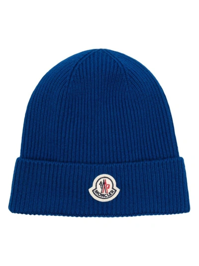 Shop Moncler Logo-patch Ribbed-knit Beanie In Blue