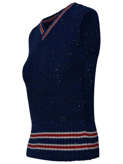 Shop Msgm Blue Wool Blend Varsity Sweater