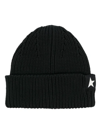 Shop Golden Goose Logo-embroidered Ribbed-knit Beanie In Black